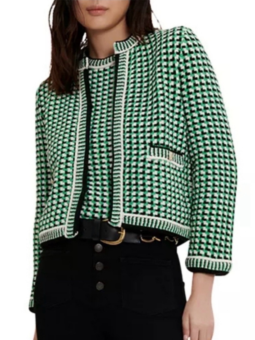 Maje Green and White Cropped Houndstooth Knit Cardigan